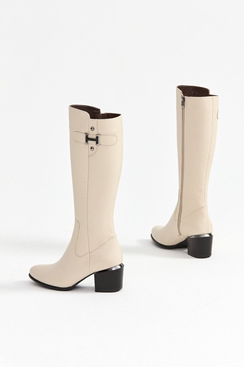 Kadın Hakiki Deri Topuklu, El Yapımı, Fermuarlı, Şık Tasarım Bej Çizme | OBEN AYAKKABI - OBEN AYAKKABI