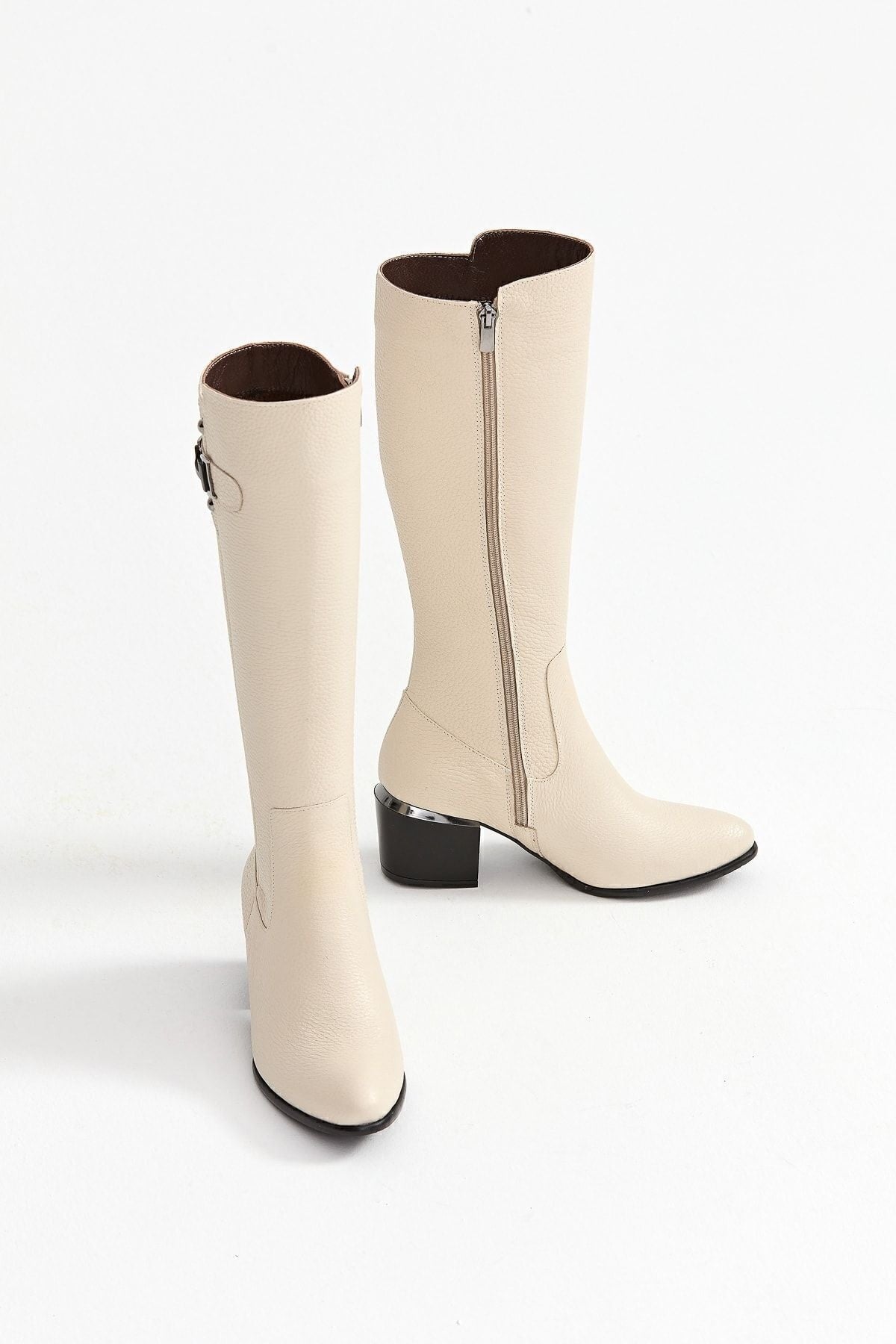 Kadın Hakiki Deri Topuklu, El Yapımı, Fermuarlı, Şık Tasarım Bej Çizme | OBEN AYAKKABI