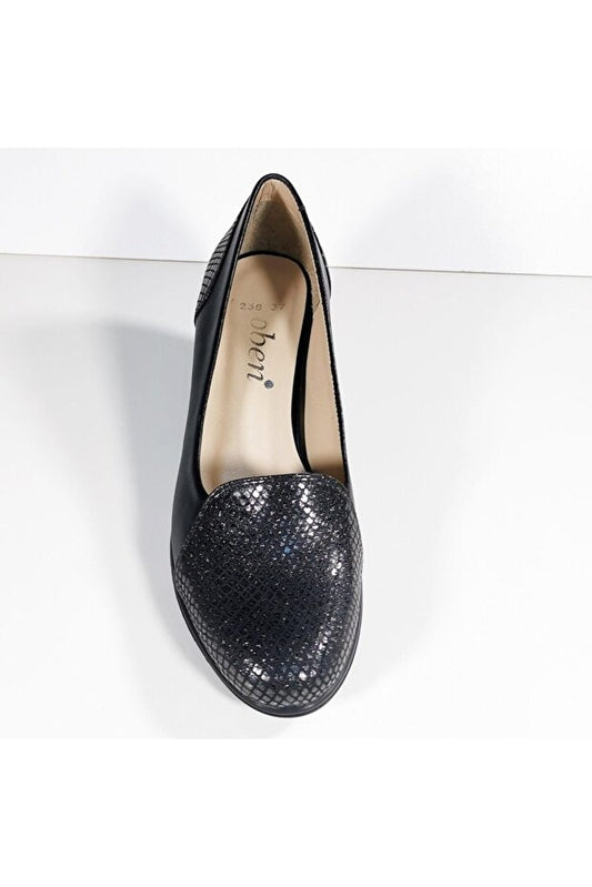 Hakiki Deri Siyah Kalın Topuklu Ayakkabı | OBEN AYAKKABI