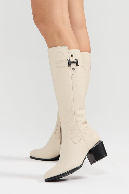 Kadın Hakiki Deri Topuklu, El Yapımı, Fermuarlı, Şık Tasarım Bej Çizme | OBEN AYAKKABI